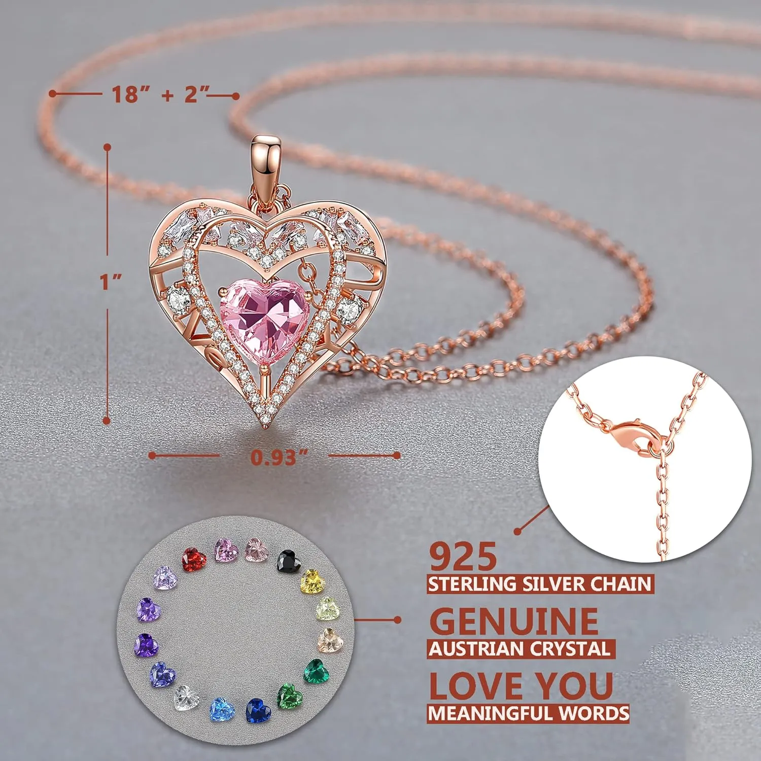 5 Heart Crystal Necklace 18K Rose Gold Plated - Pendant with 18 2 925 Sterling Silver Chain - Birthstone Jewelry for Women and Girls - Gift for Birthday, Christmas