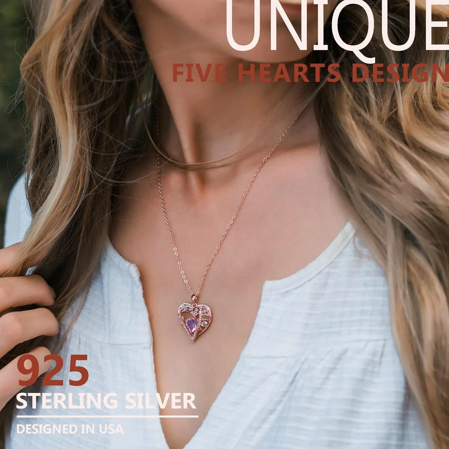 5 Heart Crystal Necklace 18K Rose Gold Plated - Pendant with 18 2 925 Sterling Silver Chain - Birthstone Jewelry for Women and Girls - Gift for Birthday, Christmas