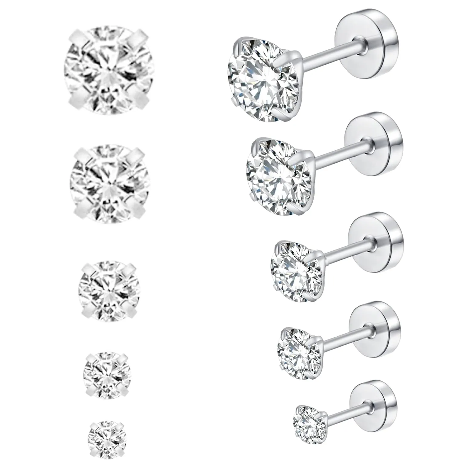 5 Pack Flat Back Stud Earring Tiny Cartilage Earrings CZ Screw Back Earrings for Women Hypoallergenic Stud Earrings Helix Earrings Piercing Earrings Jewelry for Women and Men (3-8mm) (Silver)
