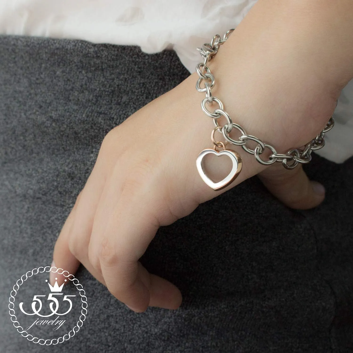 555Jewelry Womens Stainless Steel Cute Love Heart Shape Charm Chain Bracelet
