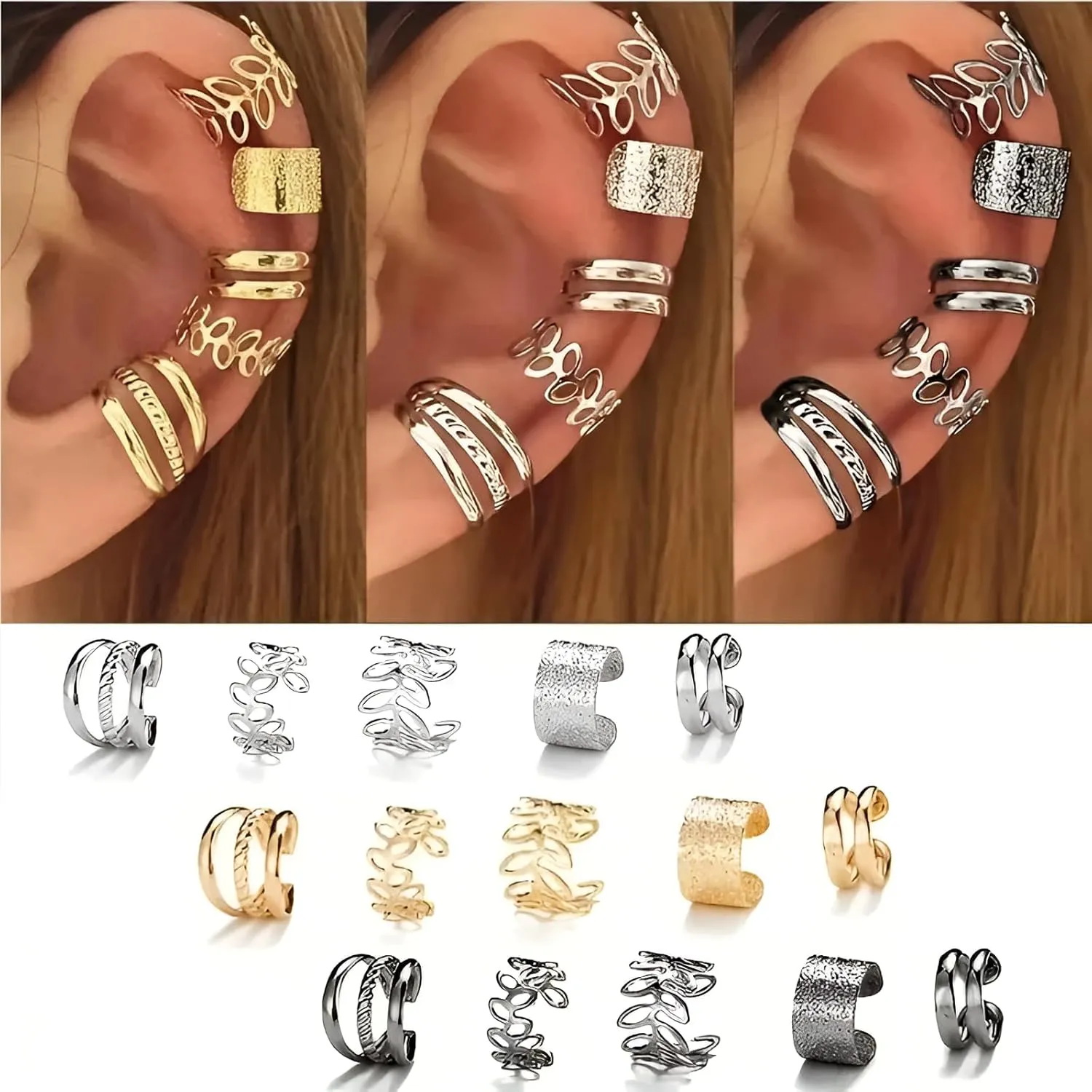 5PCS Silver Clip On Ear Cuffs for Women, Non-Pierced Punk Helix Earrings Set, Hollow Leaf and Spiral Design, Zinc Alloy Gothic Fake Cartilage Wrap Cuffs Jewelry for Party or Everyday Wear