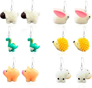 6 Pairs Cartoon Mixed Resin Earrings Set Funny Statement Dangle Drop Pendant Earrings Fashion Unique Personalized Bohemian Earring Jewelry Gift for Women Set
