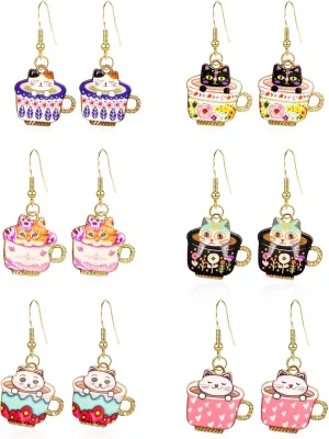 6 Pairs Dangling Cat Earrings Kawaii Aesthetic Funny Cartoon Kitten Floral Teacup Alloy Drop Dangle Earrings With Hypoallergenic Hook Animals Lover Gifts Party Favors for Women