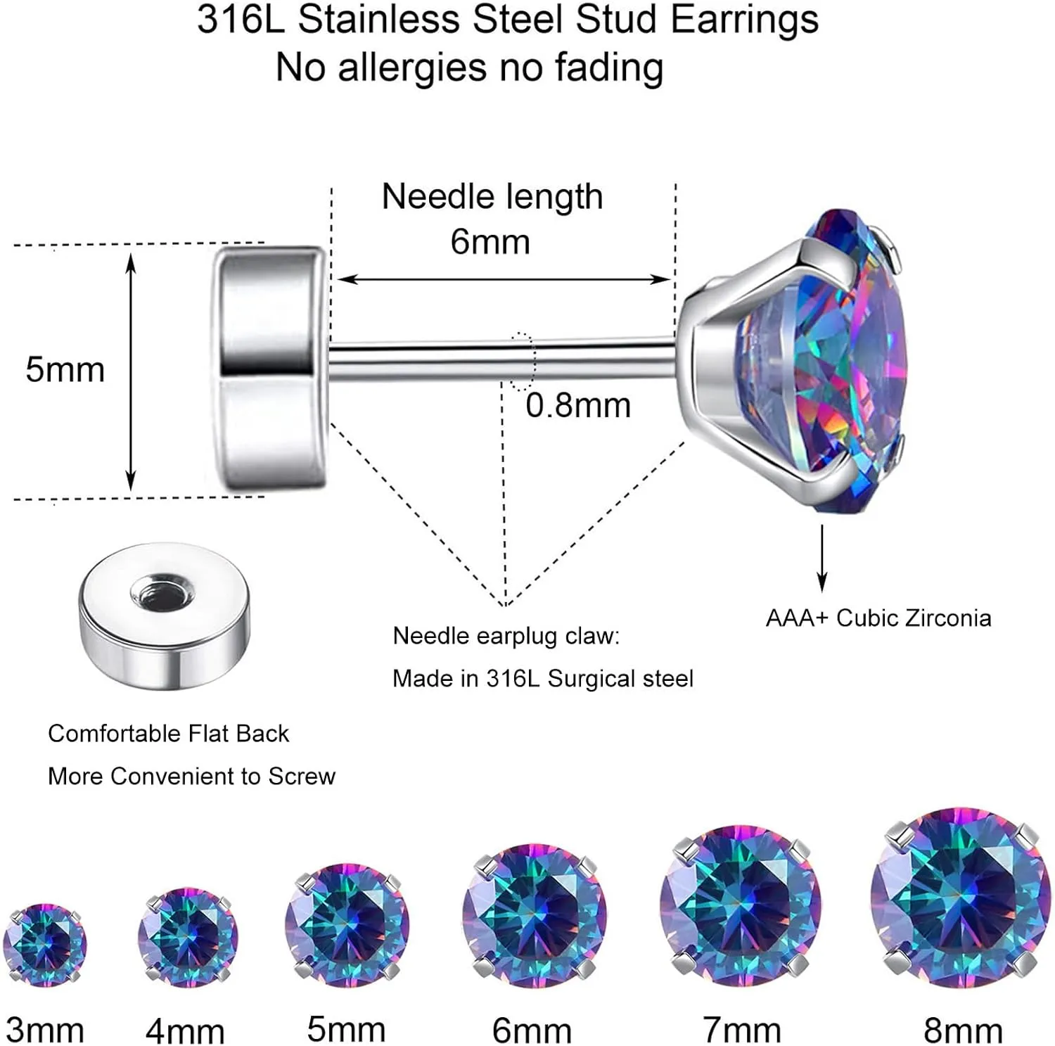 6 Pairs Hypoallergenic Surgical Steel Threaded Ear Studs for Cartilage, Helix, Lobe | Cubic Zirconia Flat Back Earrings for Women | Minimalist Everyday Jewelry Gifts