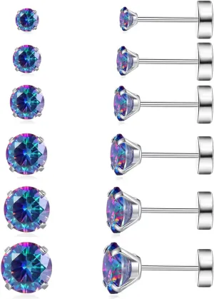 6 Pairs Hypoallergenic Surgical Steel Threaded Ear Studs for Cartilage, Helix, Lobe | Cubic Zirconia Flat Back Earrings for Women | Minimalist Everyday Jewelry Gifts