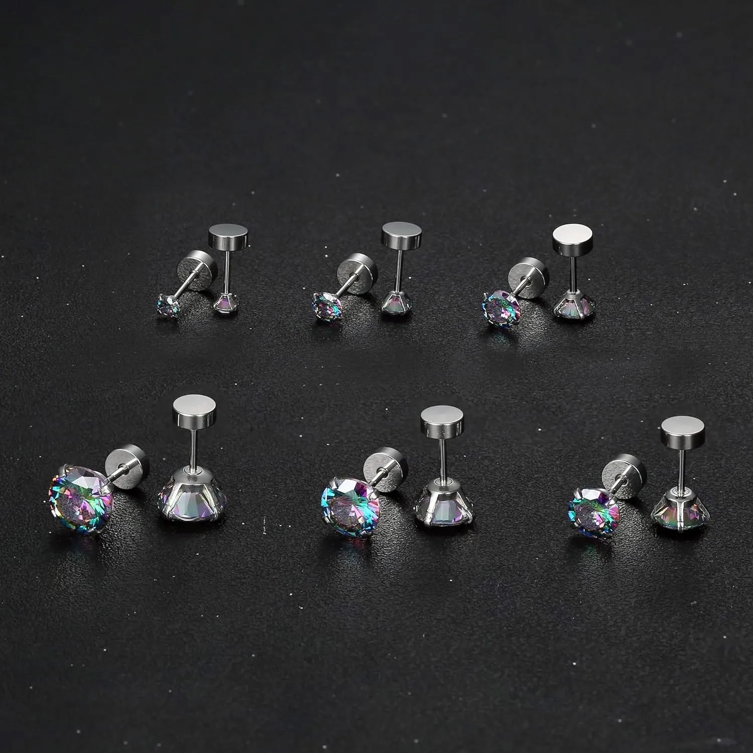 6 Pairs Hypoallergenic Surgical Steel Threaded Ear Studs for Cartilage, Helix, Lobe | Cubic Zirconia Flat Back Earrings for Women | Minimalist Everyday Jewelry Gifts