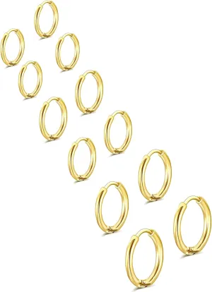 6 Pairs Stainless Steel Small Huggie Hoop Earrings Sets for Women Men Cartilage Helix Tragus Lobes Sleeper Hoop Earring Jewelry for Multiple Piercing 6mm 8mm 10mm 12 mm Silver Gold Tone