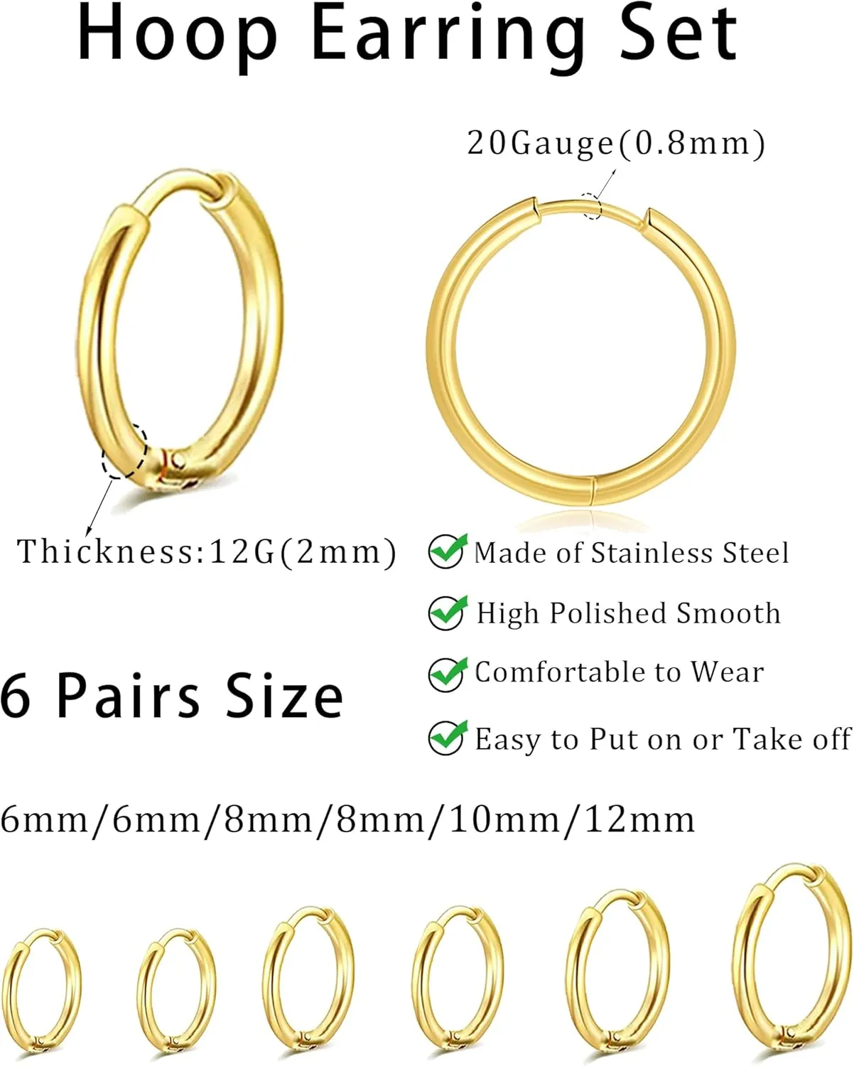 6 Pairs Stainless Steel Small Huggie Hoop Earrings Sets for Women Men Cartilage Helix Tragus Lobes Sleeper Hoop Earring Jewelry for Multiple Piercing 6mm 8mm 10mm 12 mm Silver Gold Tone