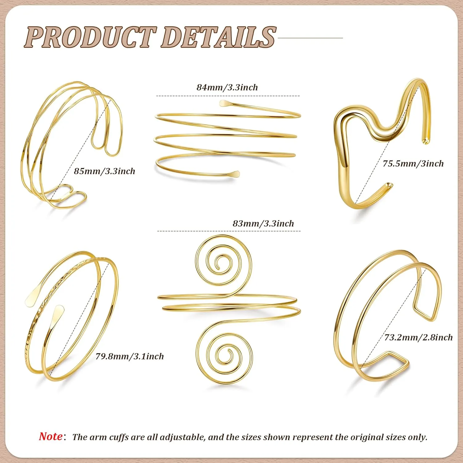 6Pcs Arm Cuff Gold Upper Arm Cuff Bracelet for Women Adjustable Open Cuff Bangle Minimalist Coil Swirl Armlet Armband Jewelry Set