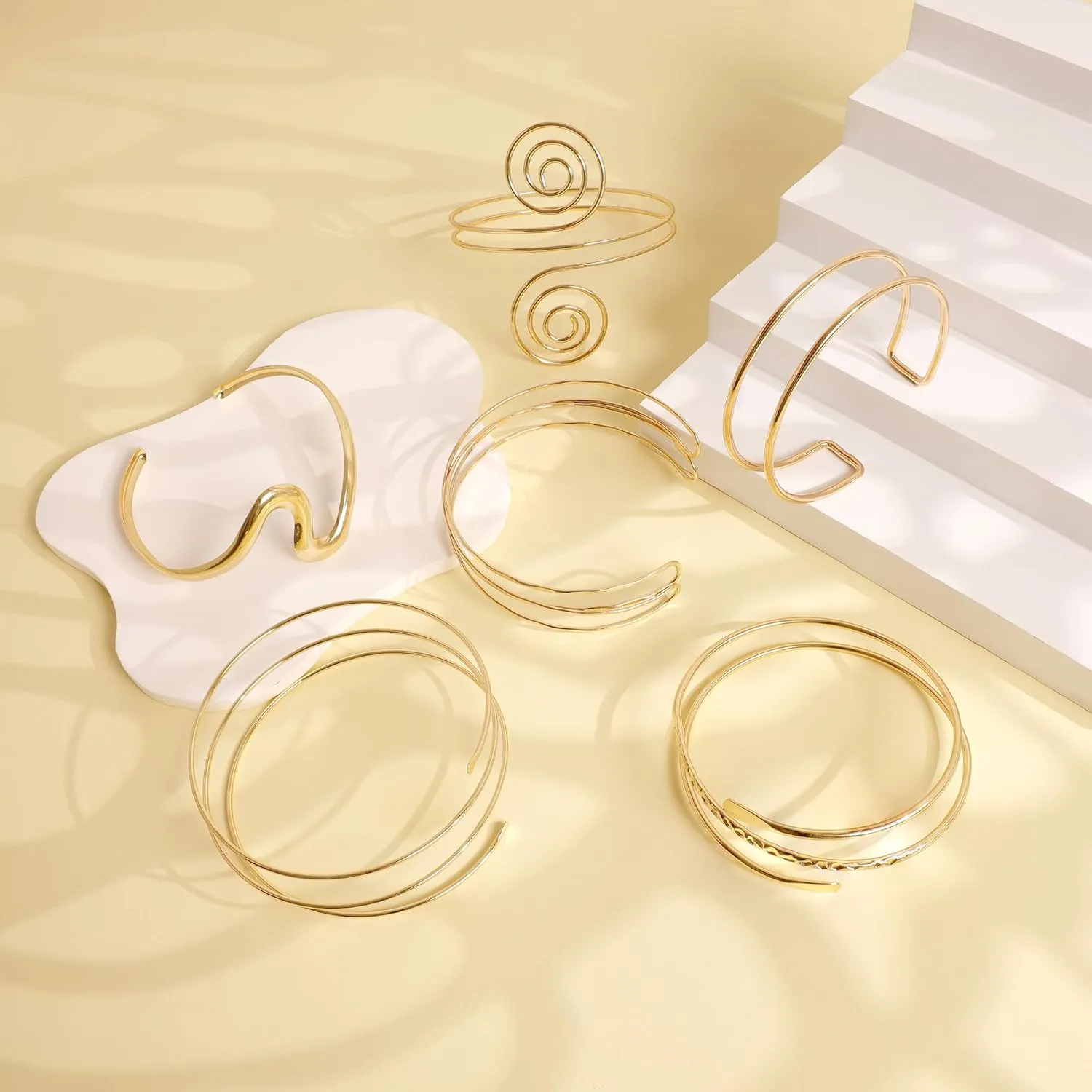 6Pcs Arm Cuff Gold Upper Arm Cuff Bracelet for Women Adjustable Open Cuff Bangle Minimalist Coil Swirl Armlet Armband Jewelry Set