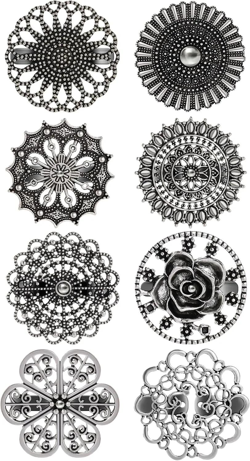 8 Pcs Cardigan Sweater Shirt Collar Clips Retro Celtic Flower Shawl Coat Cape Cloak Dress Cinch Clasp Vintage Brooches Pin Clips Set for Women Sliver