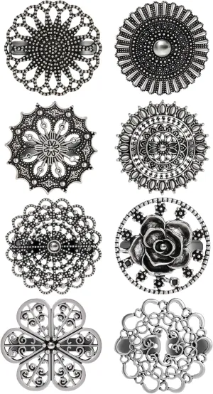 8 Pcs Cardigan Sweater Shirt Collar Clips Retro Celtic Flower Shawl Coat Cape Cloak Dress Cinch Clasp Vintage Brooches Pin Clips Set for Women Sliver