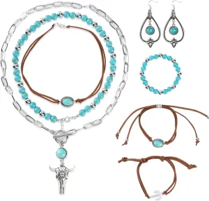 8PCS Layered Western Jewelry for Women, Bohemian Turquoise Necklace Set, Vintage Boho Jewelry Suede Choker Ox-head Chain Cactus Pattern and Turquoise Bracelet Dangle Earrings
