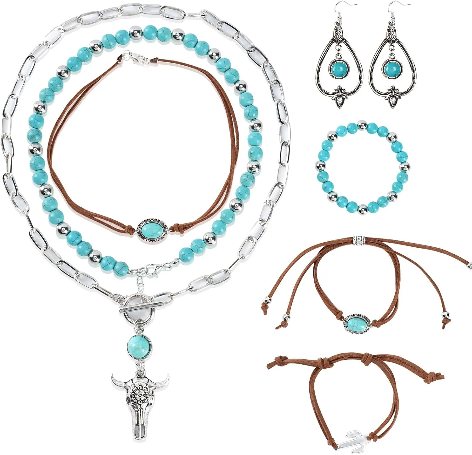 8PCS Layered Western Jewelry for Women, Bohemian Turquoise Necklace Set, Vintage Boho Jewelry Suede Choker Ox-head Chain Cactus Pattern and Turquoise Bracelet Dangle Earrings