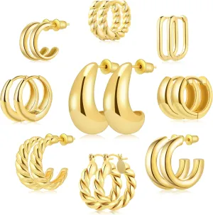 9 Pairs Gold/Sterling Silver/Rose Gold Plated Hoop Earrings Set for Women Trendy Chunky Gold Hoops 14K Real Gold Plated Small Huggie Earrings for Sensitive Ears Non Tarnish Gifts Jewelry