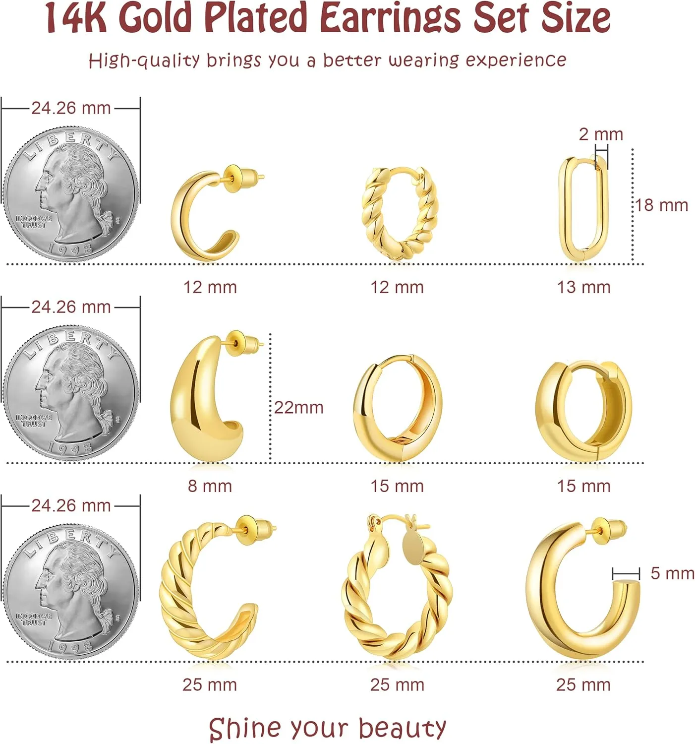 9 Pairs Gold/Sterling Silver/Rose Gold Plated Hoop Earrings Set for Women Trendy Chunky Gold Hoops 14K Real Gold Plated Small Huggie Earrings for Sensitive Ears Non Tarnish Gifts Jewelry