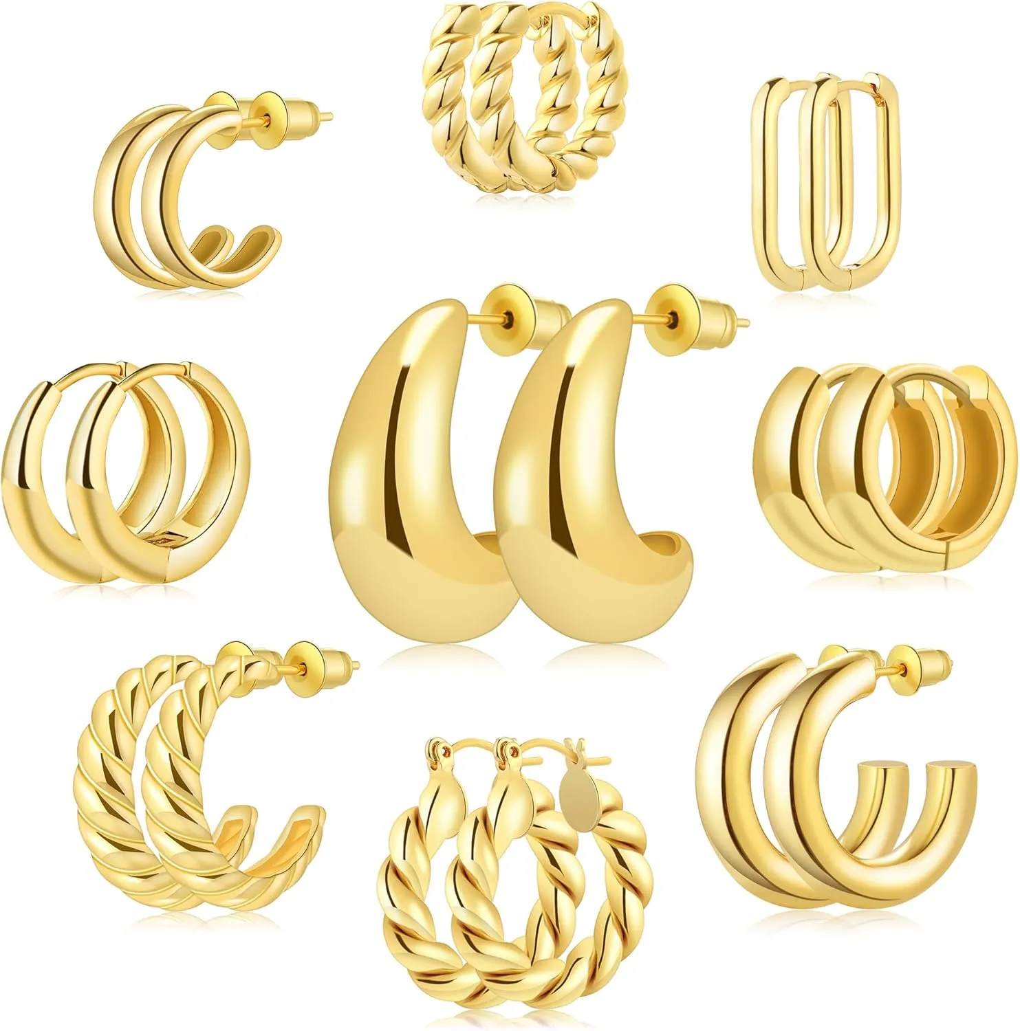 9 Pairs Gold/Sterling Silver/Rose Gold Plated Hoop Earrings Set for Women Trendy Chunky Gold Hoops 14K Real Gold Plated Small Huggie Earrings for Sensitive Ears Non Tarnish Gifts Jewelry