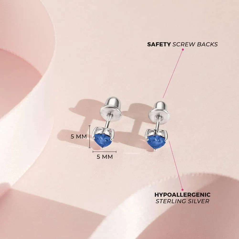 925 Sterling Silver Girls CZ Heart Hypoallergenic Safety Screw Back Earrings - Adorable 5mm Heart Earrings for Young Girls - Great Jewelry for Everyday Wear for Toddlers to Teens