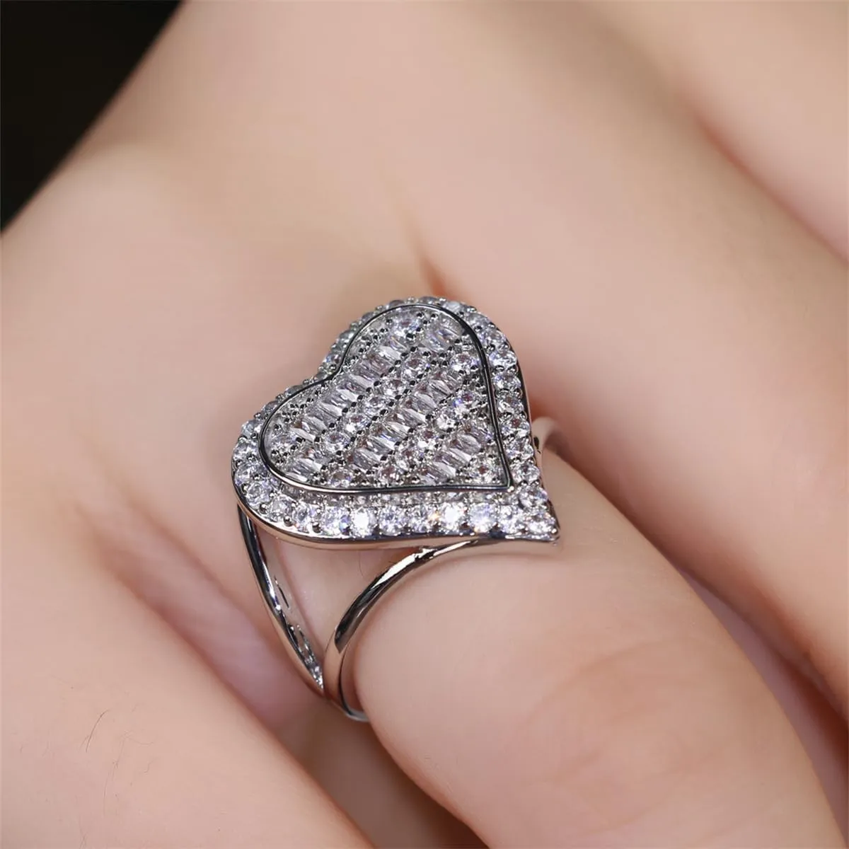 925 Sterling Silver Light Luxury Rectangular Love Ring Simulation Diamond Ring Group Set with Diamond Heart Shaped Index Finger Engagement Ring as a Gift for Girlfriend 8