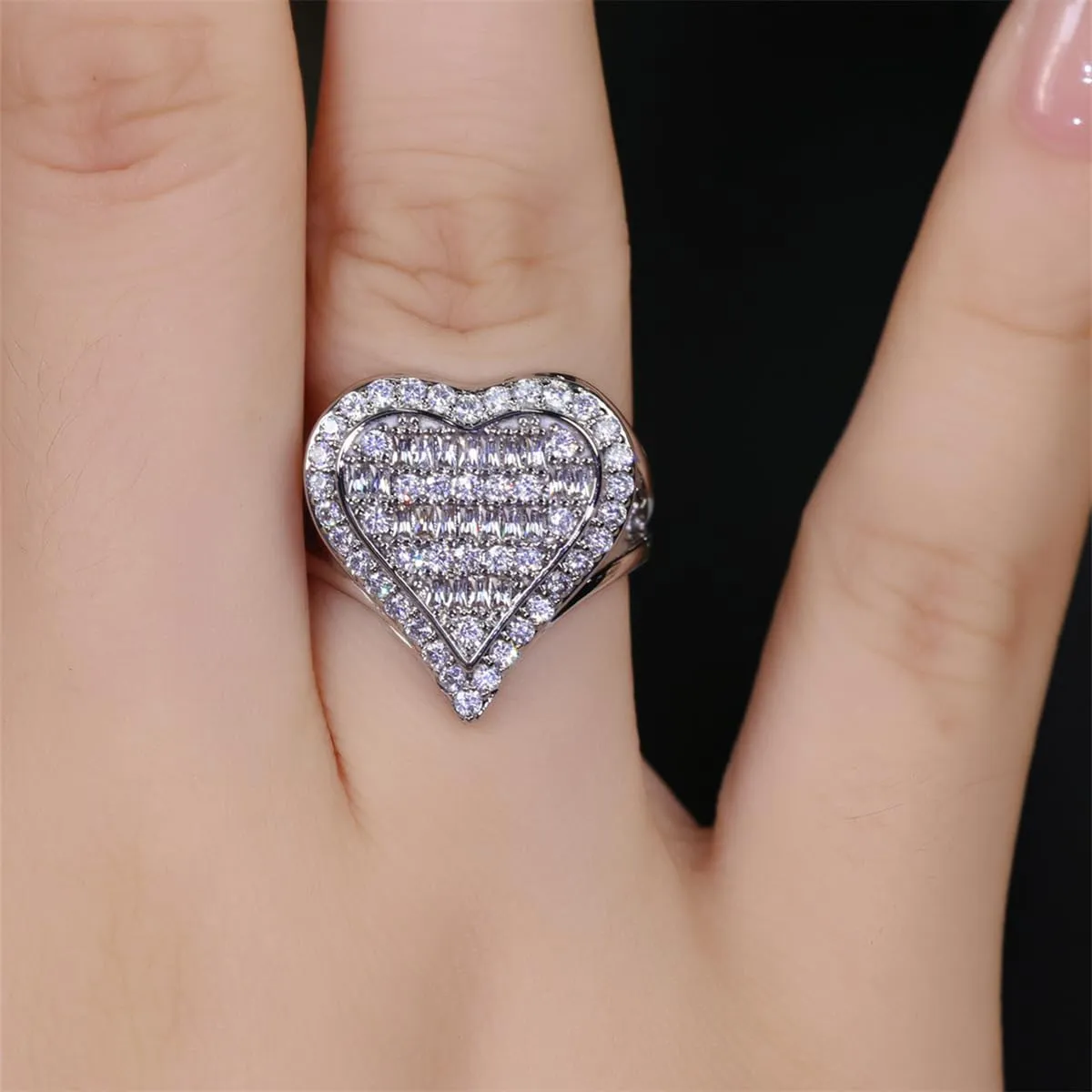 925 Sterling Silver Light Luxury Rectangular Love Ring Simulation Diamond Ring Group Set with Diamond Heart Shaped Index Finger Engagement Ring as a Gift for Girlfriend 8