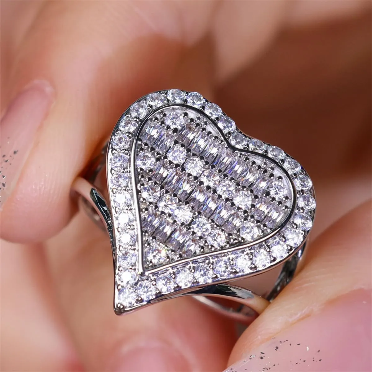 925 Sterling Silver Light Luxury Rectangular Love Ring Simulation Diamond Ring Group Set with Diamond Heart Shaped Index Finger Engagement Ring as a Gift for Girlfriend 9