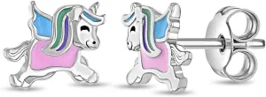 925 Sterling Silver Multicolor Enameled Winged Unicorn Earrings For Young Girls and Pre-teens - Magical Pink Unicorn Earrings for Active Girls - Vibrant Enamel Earrings for Everyday Wear