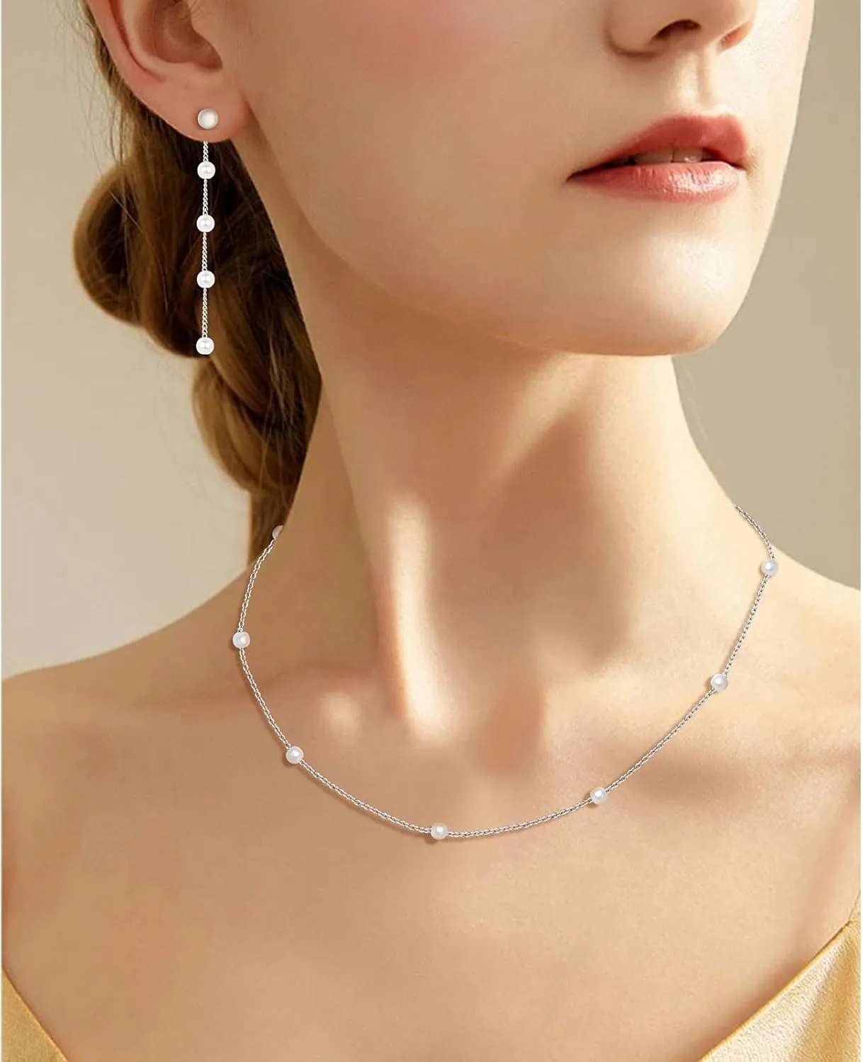 925 Sterling Silver Pearl Pendant Necklace for Women Trendy Simple Dainty Layered Pearls beaded Choker Chain Necklace Everyday Jewelry Set Wedding Bridesmaids Necklace