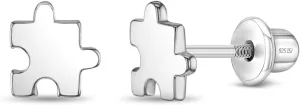 925 Sterling Silver Polished Puzzle Pieces Safety Screw Back Earrings For Toddlers & Little Girls - Children's Puzzle Piece Earrings For Everyday Wear - Tiny Earrings For Little Girls, SS-03-01049