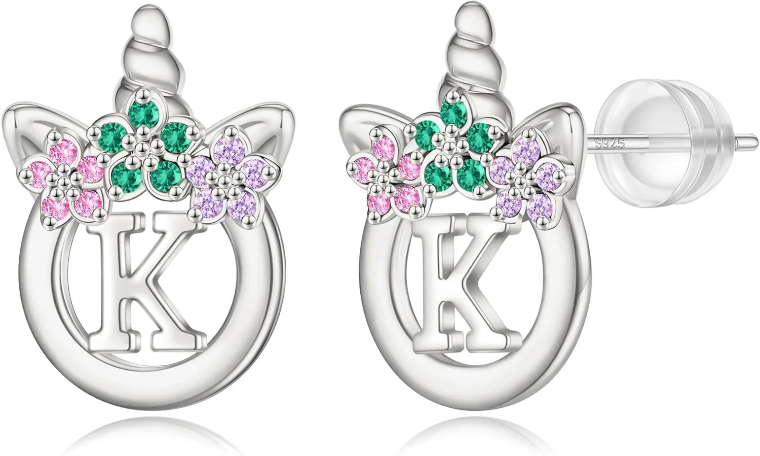 925 Sterling Silver Post Initial Unicorn Earrings - 14K/White Gold Plated, Birthday & Girl's Unicorn Gifts