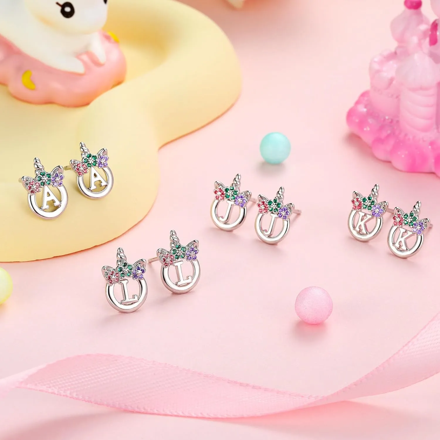 925 Sterling Silver Post Initial Unicorn Earrings - 14K/White Gold Plated, Birthday & Girl's Unicorn Gifts