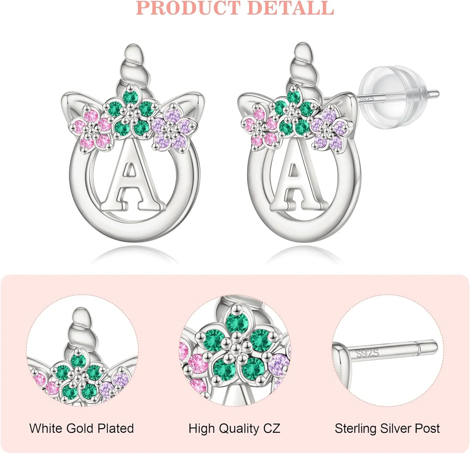 925 Sterling Silver Post Initial Unicorn Earrings - 14K/White Gold Plated, Birthday & Girl's Unicorn Gifts