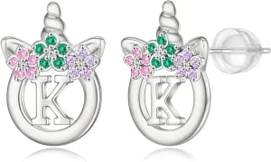 925 Sterling Silver Post Initial Unicorn Earrings - 14K/White Gold Plated, Birthday & Girl's Unicorn Gifts