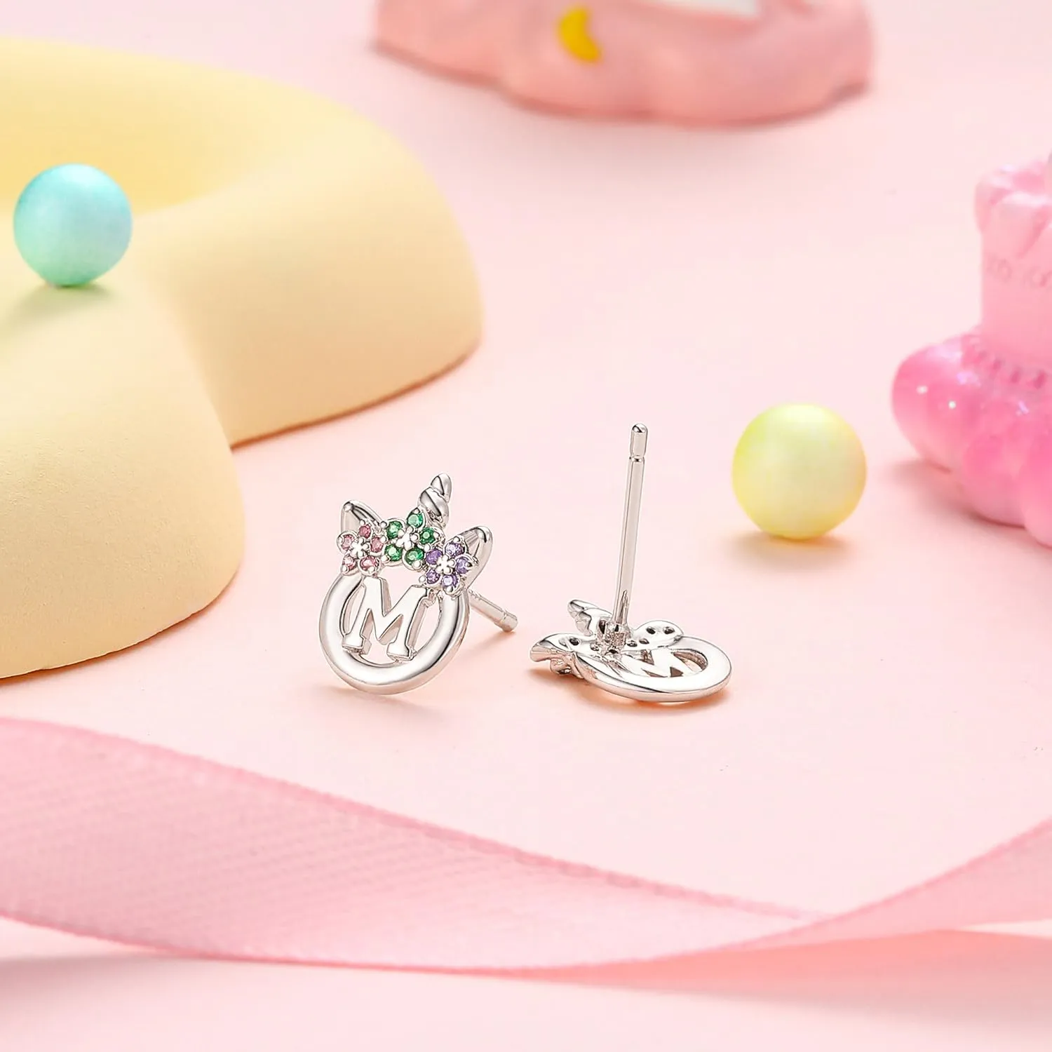 925 Sterling Silver Post Initial Unicorn Earrings - 14K/White Gold Plated, Birthday & Girl's Unicorn Gifts