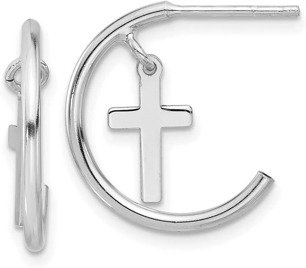 925 Sterling Silver Rhodium Plated Polished Religious Faith Cross Dangle J hoop Post Earrings 18.65x16mm Wide 1.55mm Thick-Hoop Earring for Women