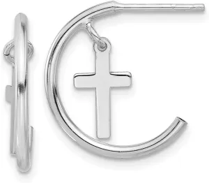 925 Sterling Silver Rhodium Plated Polished Religious Faith Cross Dangle J hoop Post Earrings 18.65x16mm Wide 1.55mm Thick-Hoop Earring for Women