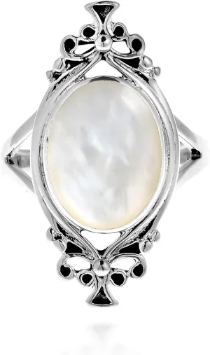 AeraVida White Mother of Pearl Vintage Style .925 Sterling Silver Ring | Elegant Wedding Rings For Women | Casual Comfort Fit Silver Rings for Women | Gift for Daughter | Sterling Silver Rings Sizes (6-10)