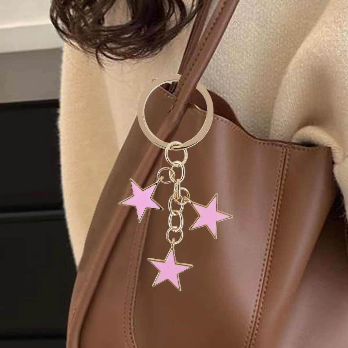 Aesthetic Silver Star Keychain Gothic Moon Key Chain Cute Pink Star Keys Chains