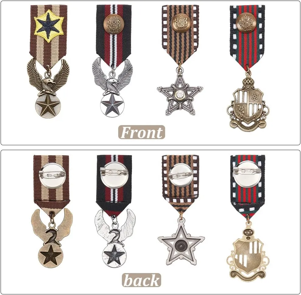 AHANDMAKER 4Pcs Costume Military Badge Medal, 4 Style Alloy Medal Brooch Pin, Military Hero Combat Medals Brooch, Shield Eagle and Star Navy Military Badge for Women Men Coat Jacket Uniform Costume