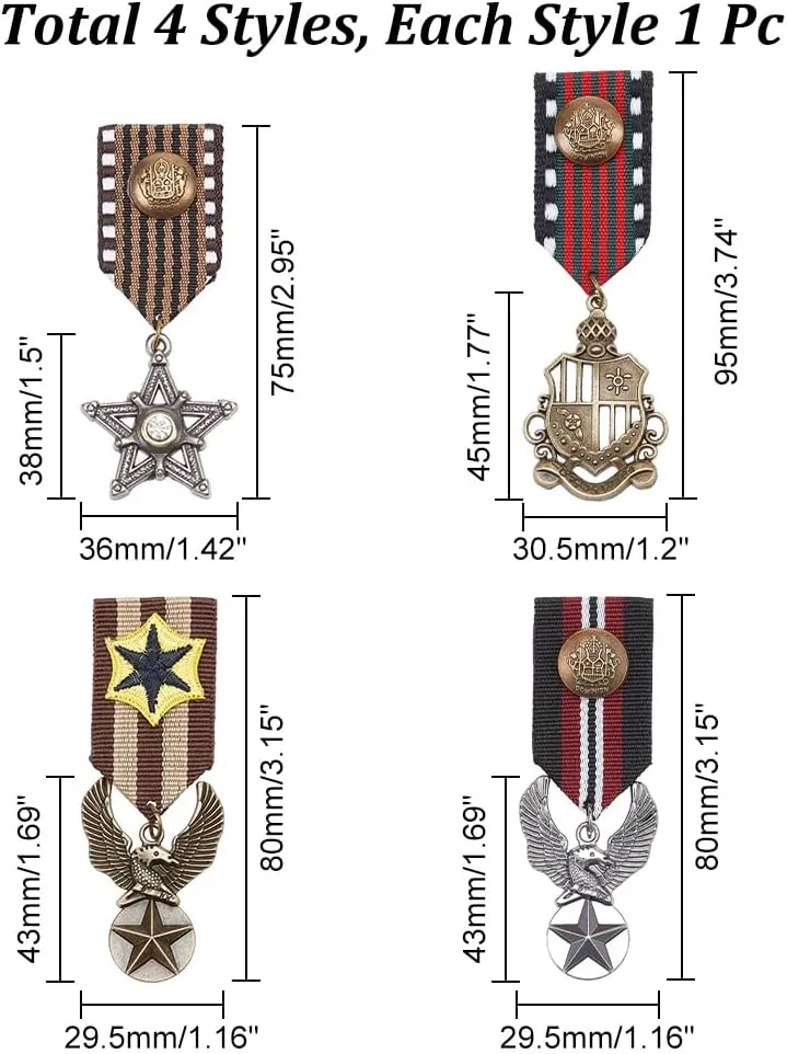 AHANDMAKER 4Pcs Costume Military Badge Medal, 4 Style Alloy Medal Brooch Pin, Military Hero Combat Medals Brooch, Shield Eagle and Star Navy Military Badge for Women Men Coat Jacket Uniform Costume