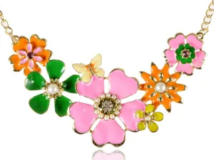 Alilang Golden Tone Enamel Flower and Butterfly Bib Statement Necklace Rhinestone Pearl