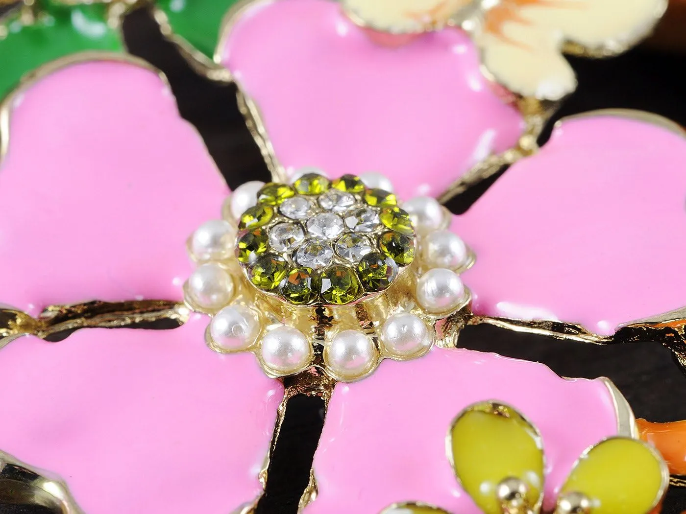 Alilang Golden Tone Enamel Flower and Butterfly Bib Statement Necklace Rhinestone Pearl