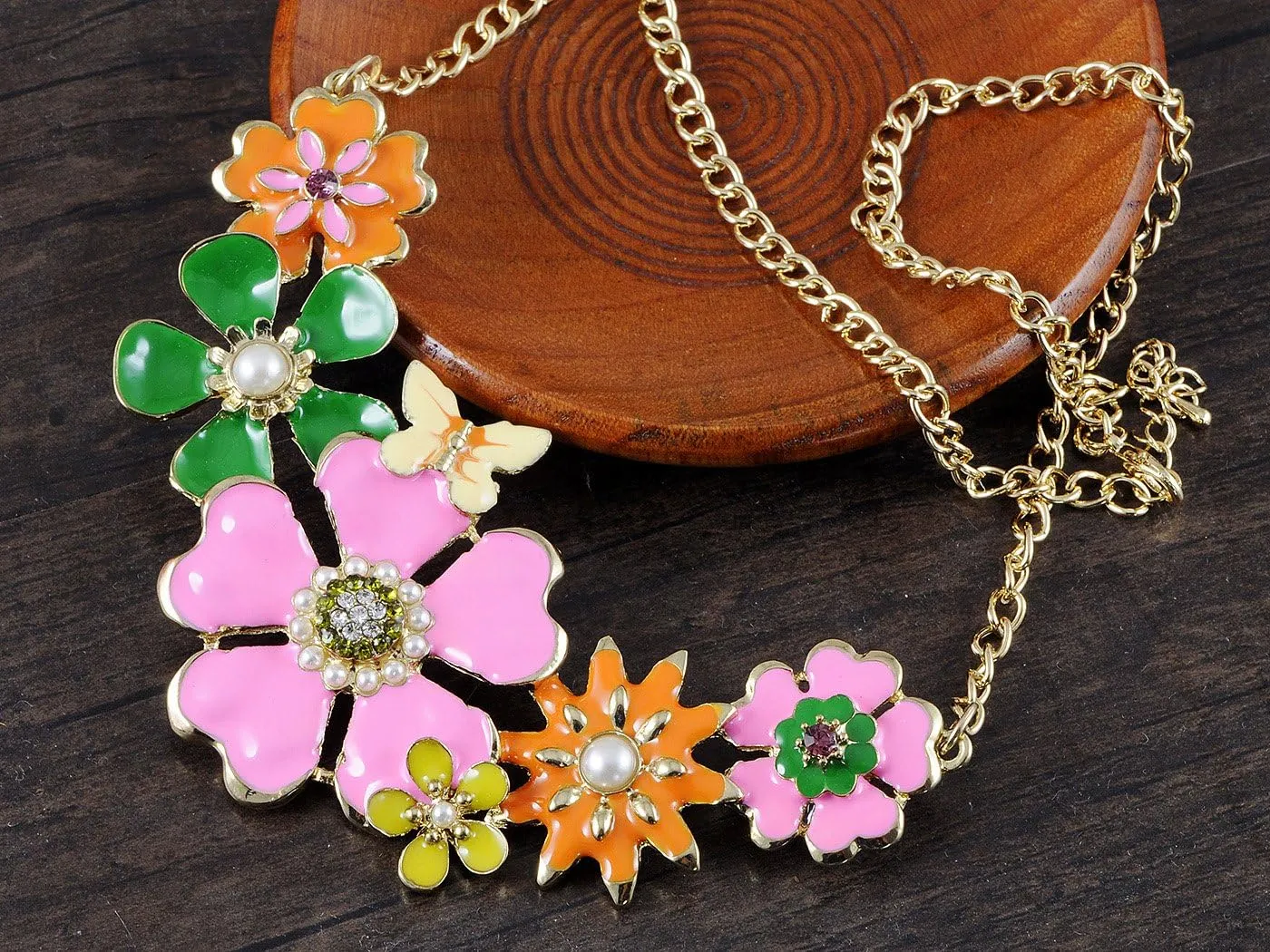 Alilang Golden Tone Enamel Flower and Butterfly Bib Statement Necklace Rhinestone Pearl