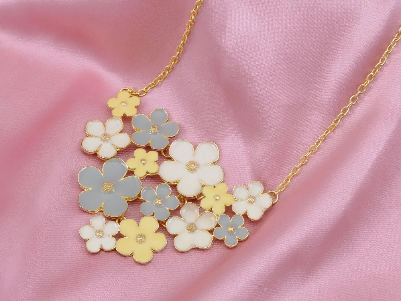 Alilang Golden Tone Enamel Flower and Butterfly Bib Statement Necklace Rhinestone Pearl