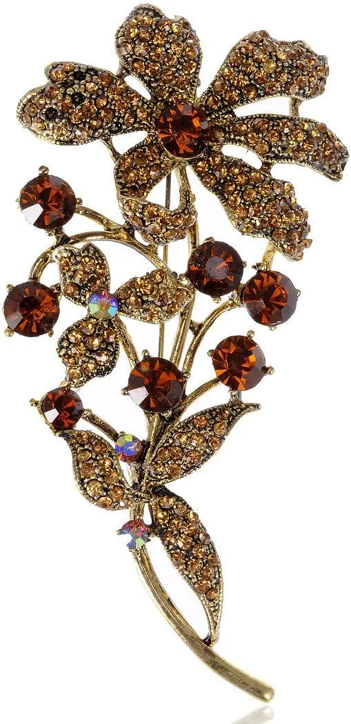 Alilang Shiny Sparkly Crystal Rhinestones Flower Leaves Bouquet Brooch Lapel Pin for Women