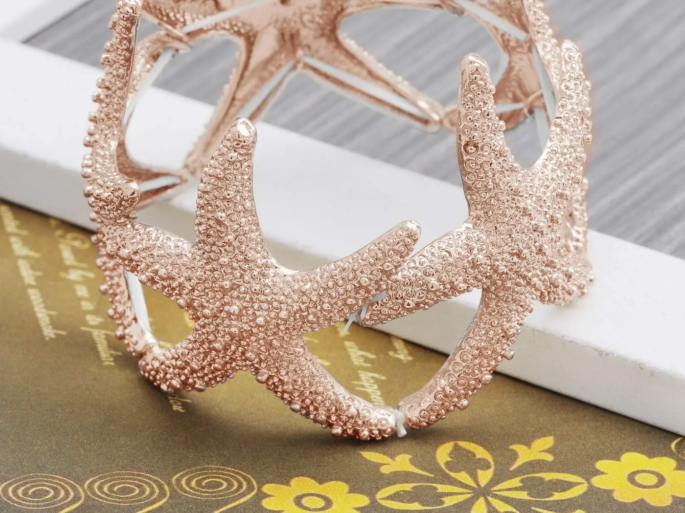Alilang Womens Shiny Textured Starfish Stretch Bangle Cuff Statement Bracelet
