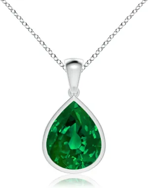 Angara Bezel-Set Pear Lab Grown Emerald Solitaire Pendant in 14K Solid Gold/Platinum | May Birthstone, Birthday, Engagement, Anniversary, Wedding Jewelry Gift for Women