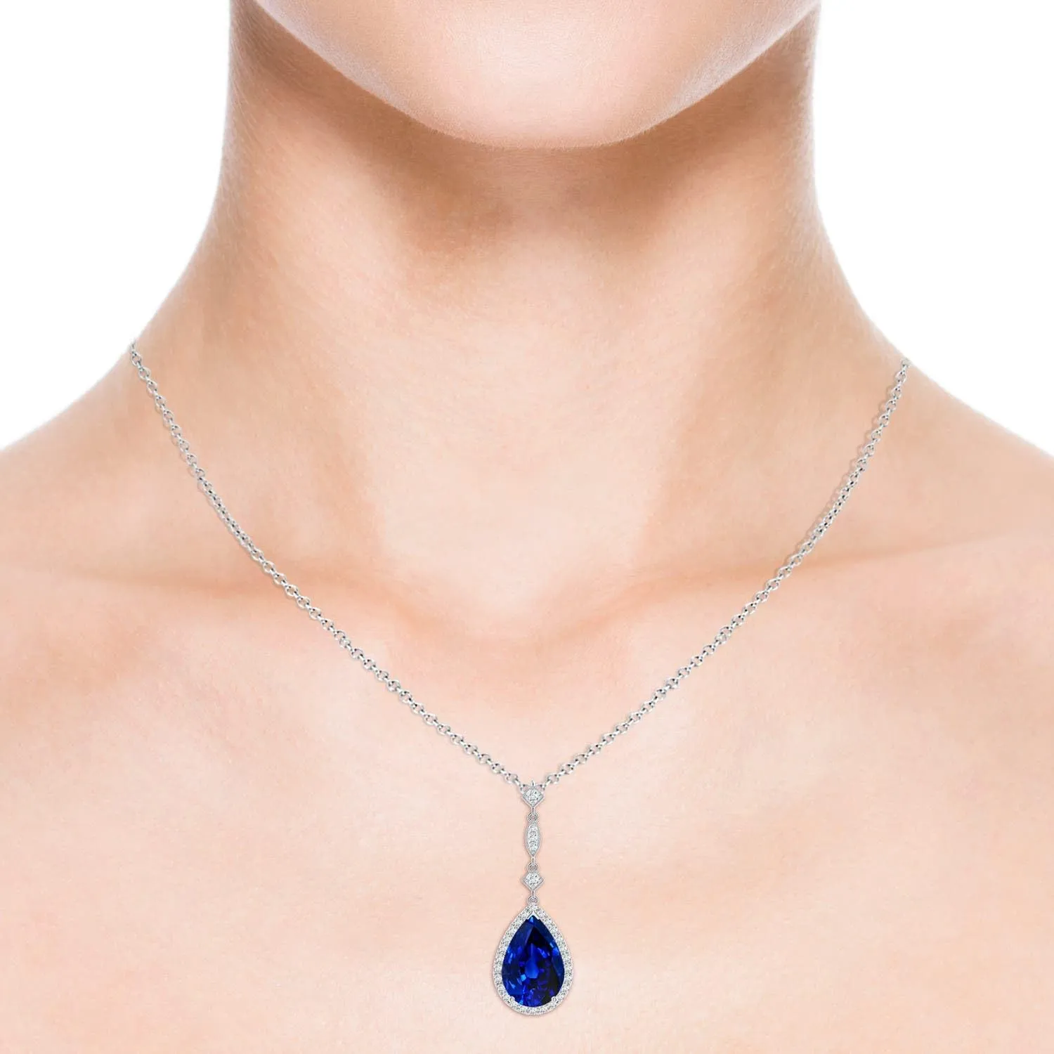 Angara Lab Grown Blue Sapphire Teardrop Pendant with Diamond Accents in 14K Solid Gold/Platinum | September Birthstone, Birthday, Engagement, Anniversary, Wedding Jewelry Gift for Women
