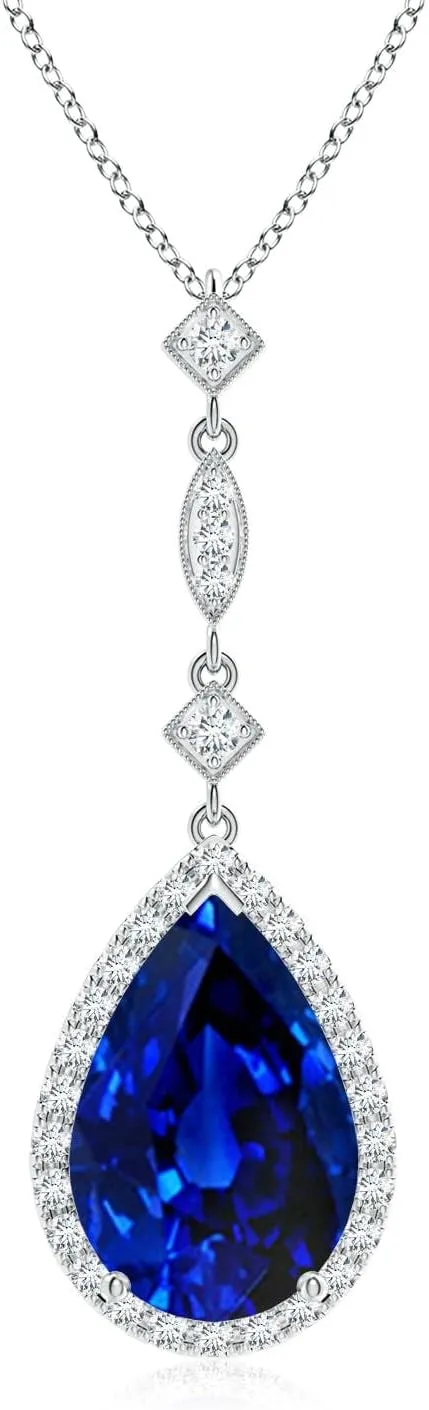 Angara Lab Grown Blue Sapphire Teardrop Pendant with Diamond Accents in 14K Solid Gold/Platinum | September Birthstone, Birthday, Engagement, Anniversary, Wedding Jewelry Gift for Women