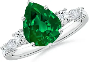Angara Lab Grown Classic Pear Emerald Side Stone Engagement Ring in 14K Solid Gold/Platinum | May Birthstone, Birthday, Anniversary, Wedding Jewelry Gift for Women