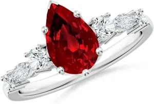 Angara Lab Grown Classic Pear Ruby Side Stone Engagement Ring in 14K Solid Gold/Platinum | July Birthstone, Birthday, Anniversary, Wedding Jewelry Gift for Women